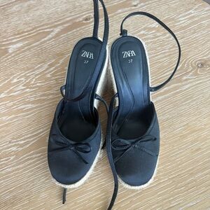 Zara Black Espadrille Wedge Slingbacks with Bow Detail